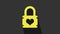 Yellow Padlock with heart icon isolated on grey background. Locked Heart. Love symbol and keyhole sign. 4K Video motion
