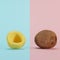 Yellow painted coconut and real coconut on pastel blue and pink background