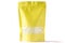 Yellow paper blank doy pack bio pouch with window zipper on white background filled with rice