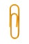 Yellow paperclip on white background.