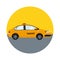 Yellow passenger car taxi, icon in a circle. Urban passenger transportation. Vector illustration