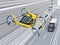 Yellow Passenger Drone Taxi flying over American truck driving on highway