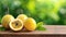 yellow passionfruit on wood with a blurred green background