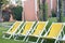 Yellow patio chairs in a tropical garden