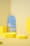 Yellow pedestal product display background with modern geometric block and mirror sky in sunshine light with summer feel