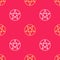 Yellow Pentagram in a circle icon isolated seamless pattern on red background. Magic occult star symbol. Vector