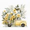 Yellow Pickup Truck With Flowers in Full Bloom. Generative AI
