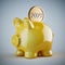 Yellow piggy bank with golden coin 2019