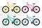 Yellow, pink, green and blue bikes on white background. Set of four bicycles. Economical and ecological city transport