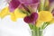 Yellow, pink and purple call lily flowers arranged ina vase