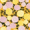 Yellow with pink and yellow roses and their leaves seamless pattern background design.