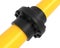 Yellow pipe with black connector. Close up. 3d rendering illustration isolated