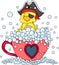 Yellow pirate bird taking a bath on love tea cup