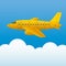 Yellow plane on a background of blue sky and white clouds. Cartoon style. Vector