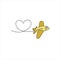 Yellow Plane with dotted line heart. Vector drawing by hand. Color cartoon illustration