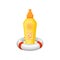 Yellow plastic bottle of sunscreen and inflatable beach ring. Cosmetic product for skin protection. Flat vector icon