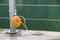 Yellow plastic buoy attached to a metal fence on the bank of a lake with green water