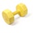 Yellow plastic coated dumbell isolated on white