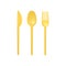 Yellow plastic dishware and cutlery set, realistic vector illustration isolated.