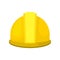 Yellow plastic helmet for construction worker. Personal protective equipment for builder. Solid headgear. Flat vector
