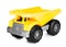 Yellow plastic toy mining tipper dumper truck, isolated