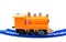 Yellow plastic train toy on blue railway