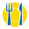 Yellow plate with blue fork and knife