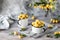 Yellow plum in white iron mugs on white table. Crop of cherry plum with green leaves