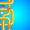 Yellow plumbing pipes on blue background, place for text