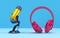 Yellow PODCAST Microphone and pink headphone on blue background. Entertainment and online video conference concept. 3D