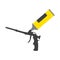 Yellow polyurethane mounting foam packaging tube with foam gun icon. Construction tool icon. Vector