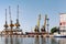 Yellow port cranes stand on the pier