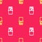 Yellow Portable tetris electronic game icon isolated seamless pattern on red background. Vintage style pocket brick game