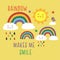 Yellow poster with colorful rainbows,cloud, bird and sun