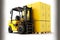 yellow powerful forklift delivering boxes with goods to warehouse