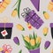 Yellow and purple tulips and assorted gift boxes. Seamless pattern for modern fabrics