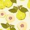 Yellow quince seamless pattern. Ripe fruit pears close-up.