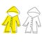 Yellow raincoat with hood and linear raincoat with doodle outline. Autumn clothes