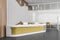 Yellow reception counter in wood and glass office