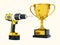 Yellow Rechargeable and Cordless Drill with Golden Trophy. 3d Re