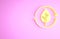 Yellow Recycle symbol and leaf icon isolated on pink background. Environment recyclable go green. Minimalism concept. 3d