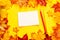 Yellow-red autumn maple leaves and a blank white card for your text, colored pencils on a yellow background, top view
