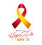 Yellow-red awareness ribbon rolled into a loop. Lettering. World Hepatitis Day. July 28th. Inflammatory liver disease