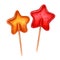 Yellow and red lollipops in the shape of star. Candies, bonbons, sugar caramels on stick. Watercolor illustration isolated on