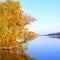 Yellow, red and oranges trees reflecting in the water, natural beautiful background, autumn mood