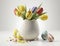 Yellow, red and purple tulip flowers in a ceramic vase with multicolor easter eggs around, Easter holiday flowers, generative AI