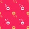 Yellow Retractable cord leash with carabiner icon isolated seamless pattern on red background. Pet dog lead. Animal