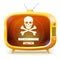 Yellow retro TV with alert about ransomware attack isolated on white background. White skull and crossbones on screen of