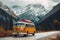 Yellow retro vintage bus driving on the snowy mountain road