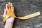 Yellow ribbon symbolic color for Sarcoma Bone cancer, Spina Bifida Awareness Month and suicide prevention on helping hand